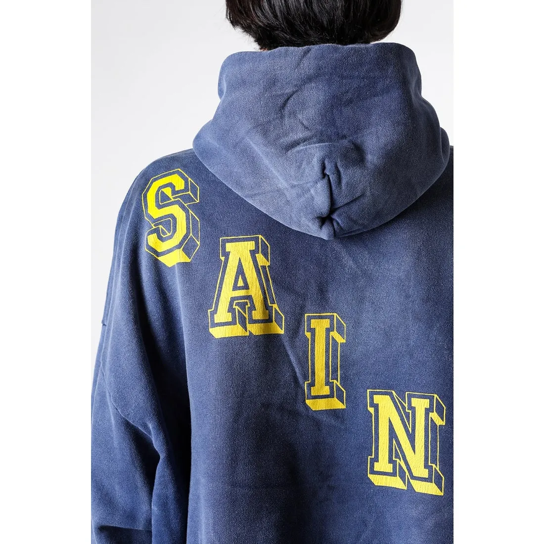 SAINT M×××××× ANGEL HOODIE/NAVY Angel Reborn Blue Hoodie Washed Blue S-XL Assute Garment Dyeing Full Clothes Water Fading Mud Dyeing Dirty Distress New Vintage Ceiling God Tailoring Original Super Loose Fit Customized Original Accessories God-level Print Restoration